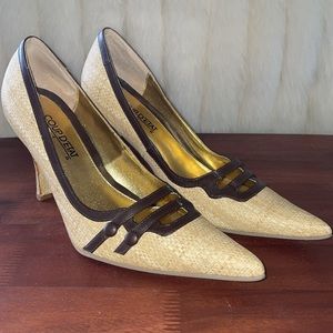 Chocolate and Tan Rattan Pumps